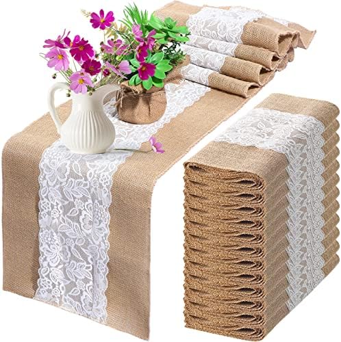 Chumia 12 Pack Burlap Table Runners with Lace 12 x 72 in, Pretty Style