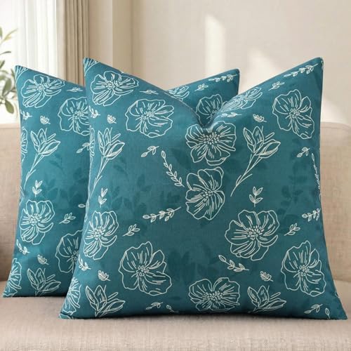 decorUhome Floral Faux Linen Throw Pillow Covers 22x22 Set of 2 Teal