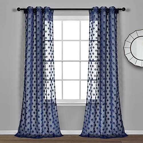 Lush Decor Navy Textured Dot Grommet Sheer Window Curtain Panel Pair