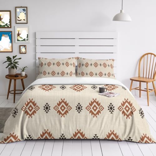 Beige Boho Duvet Cover Queen Size, Western Ethnic Tribe Linen Texture