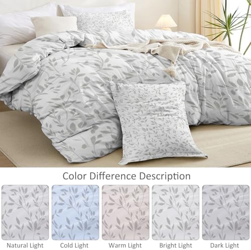Duvet Cover King - Simple Leaves Vines Bedding Set Light Gray Soft