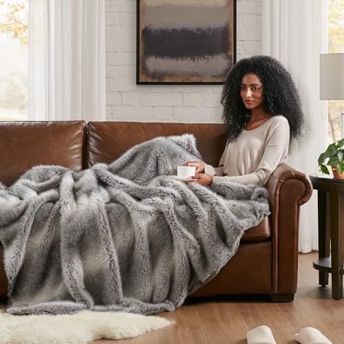 Hyde Lane Soft Faux Fur Throw Blanket, Luxury Fluffy Grey Blankets for