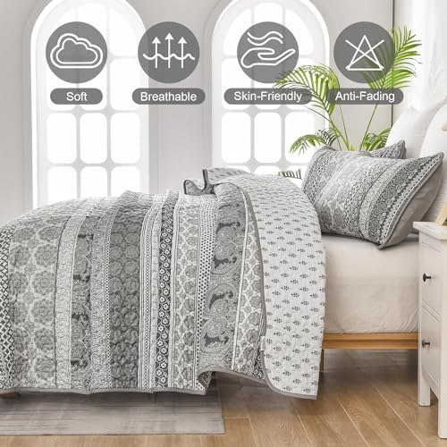 WONGS BEDDING Boho King Quilt Set,3 Pcs Grey Bedspread Covrtlet Set