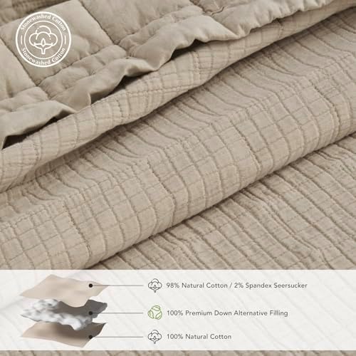 EVERGRACEHOME Stonewashed Cotton Quilt Set, King Size, Flax Beige