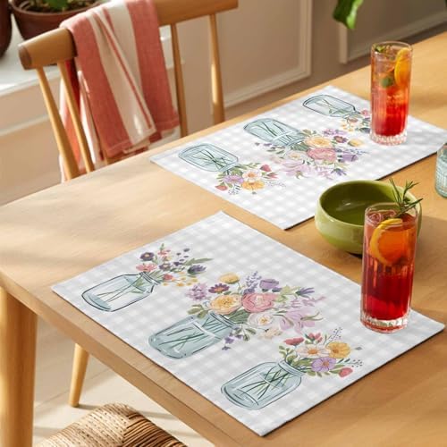 Flowers Plants Placemats Set of 8, Watercolor Spring Floral Farmhouse