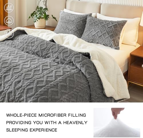 Joyreap 3-Piece Fluffy Faux Fur Sherpa Comforter Set Gray, Queen Size