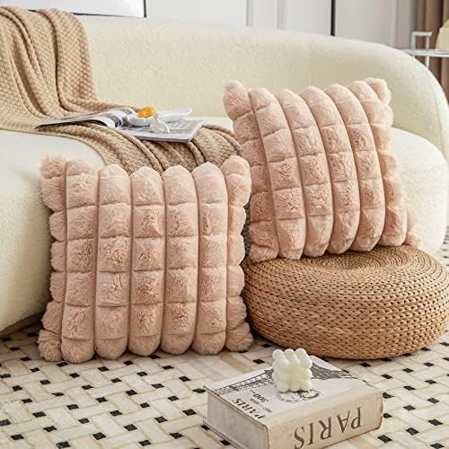 Neelvin Camel Faux Fur Cozy Soft Plaid Decorative Throw Pillow Covers