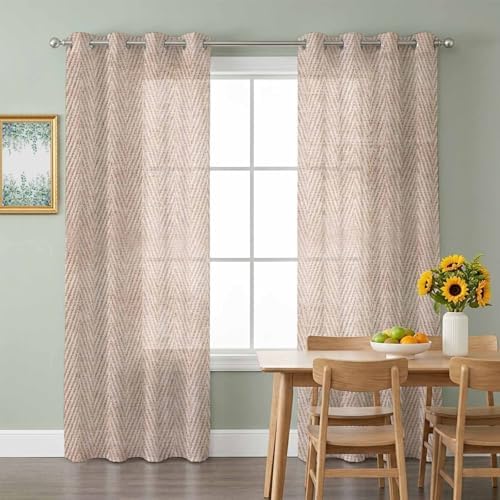 Beige Herringbone Sheer Curtains 84 Inch Long 2 Panels, Modern
