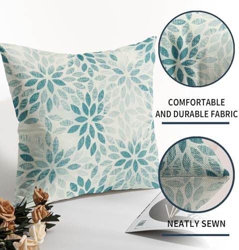 Teal Flower Pillow Covers 20x20 Set of 2 Summer Dahlia Floral Modern