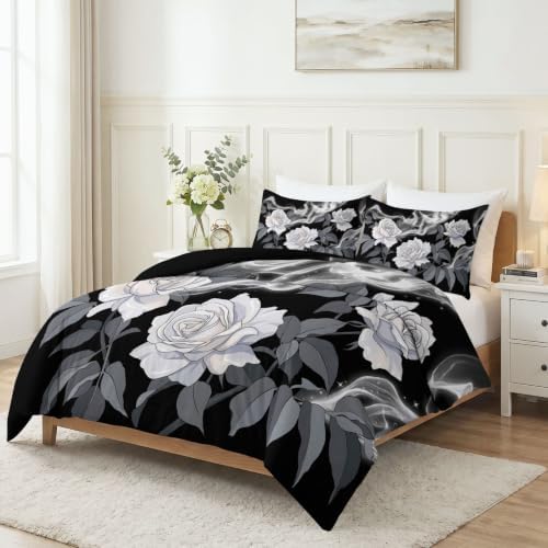 King Duvet Cover Set Plant White Rose Leaves Soft Microfiber
