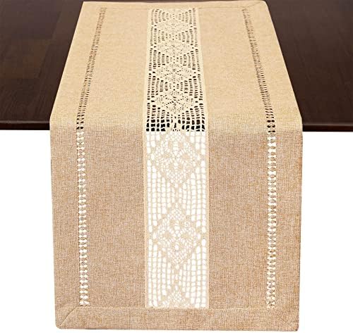 Grelucgo Home Country Farmhouse Rustic Beige Hemstitched Table Runner