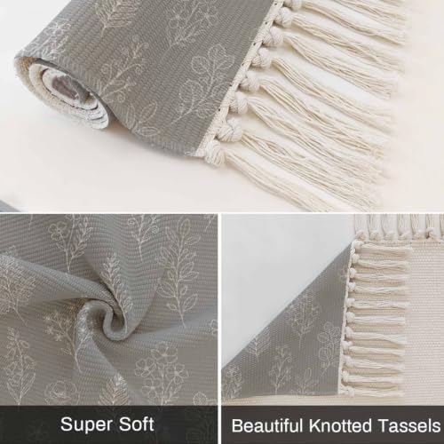Grey Botanical Hallway Runner Rug 2'x5', Farmhouse Summer Floral