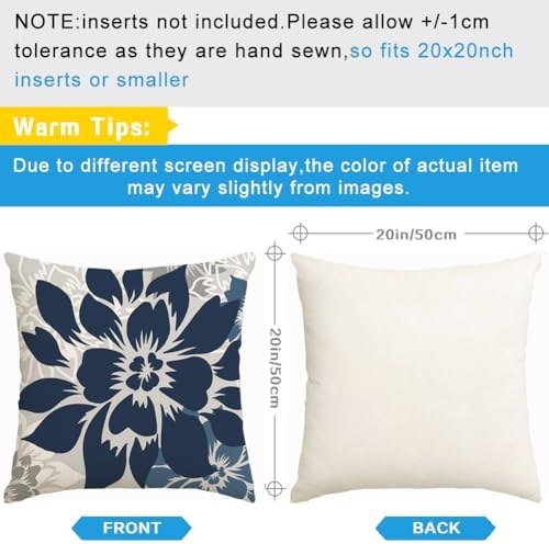 RABUSOFA Dark Blue Gray Floral Pillow Covers 20x20 Inch Set of 2
