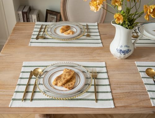 Boho Farmhouse Placemats Set of 6, Green Beige Stripes Cotton Linen