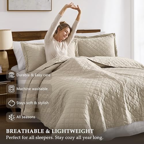 WDCOZY 100% Cotton Quilt Set, Pre-Washed, Cal King, Beige, 3 Pieces