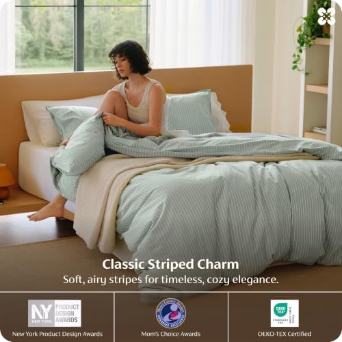 Bedsure PureWoven Striped Duvet Cover Set Linen‐Like, Queen Size, 3-PC