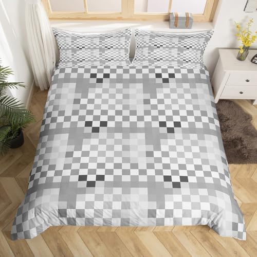 Geometric Grid Duvet Cover Set Queen Size,Gray Checkered Art Abstract