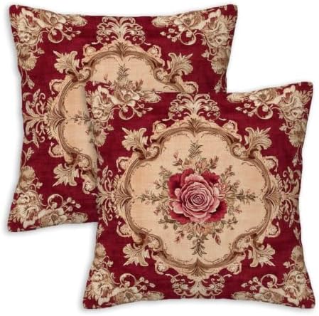 Burgundy Rose Throw Pillow Covers 18x18 Set of 2, Baroque Floral