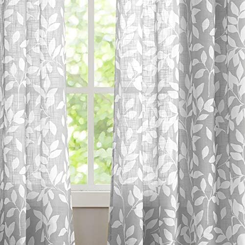 Grey Semi Sheer Leaf Curtains 52x63" Semi Sheer Panels Privacy Drapes