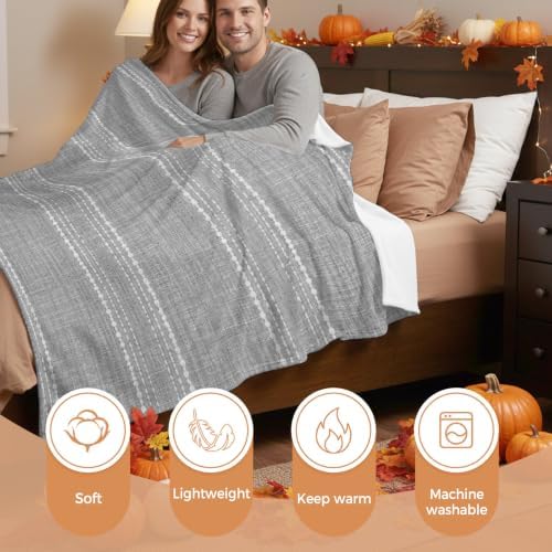 Flannel Fleece Blanket 60" x 80", Grey Stripe Microfiber Cozy Soft