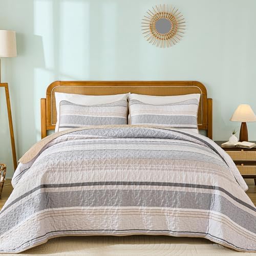 Dintszyayue Quilt King Size Khaki Grey, 3 Pcs Boho Striped Bedspread
