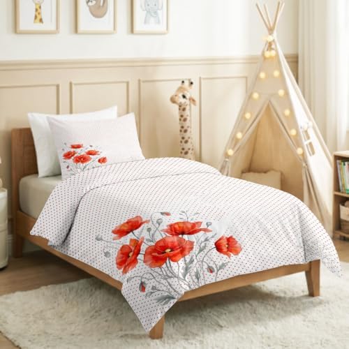 King Duvet Cover Set Soft Microfiber Red Poppies Small White Flowers