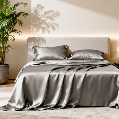 Love's cabin Satin King Sheets Set, 4 Pieces, Taupe Grey, 15" Deep