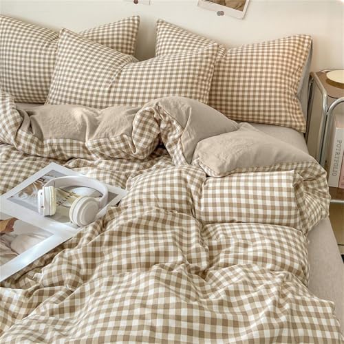 Nayoroom Gingham Duvet Cover Set King Brown Tan Plaid Checkered