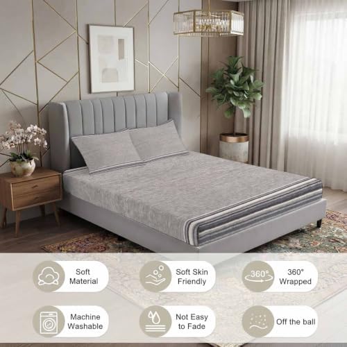 Queen Fitted Sheet Deep Pocket, Neutral Light Gray Soft Microfiber