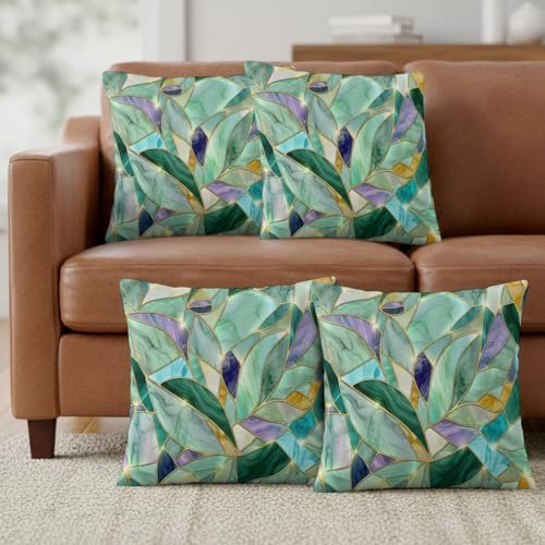 Set of 2 Abstract Leaf Pillow Covers Crystals Gold Veins Luxury
