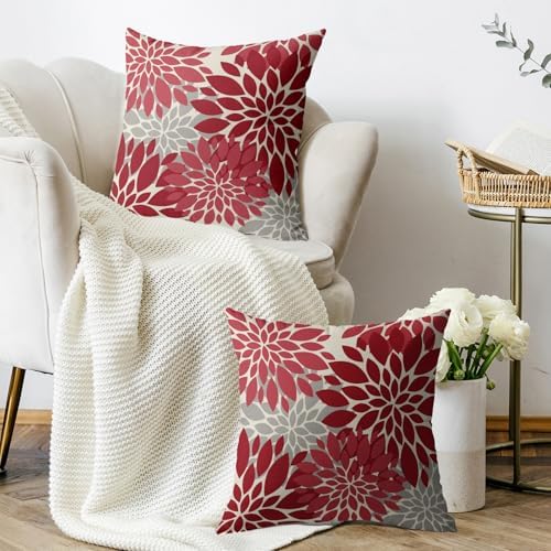 Red Christmas Pillow Covers 18X18 Inch Set of 2, Dahlia Flower Spring