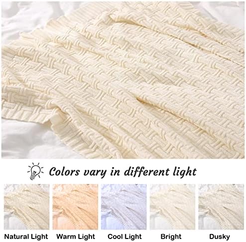 TREELY 100% Cotton Knitted Throw Blanket 50 x 60 Inches, Ivory White
