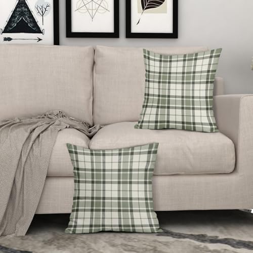 Sage Green Plaid Pillow Covers 18x18 Set of 2 Grey Cream Buffalo Plaid