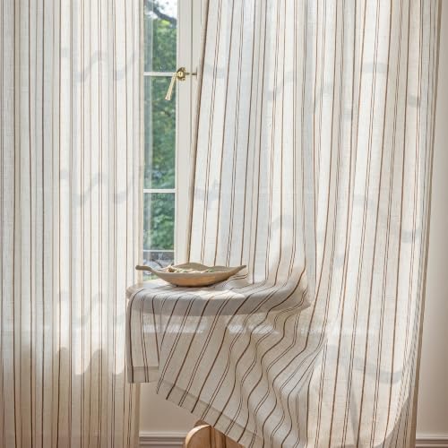 MYSKY HOME Light Brown Striped Linen Curtains for Living Room 96 Inch