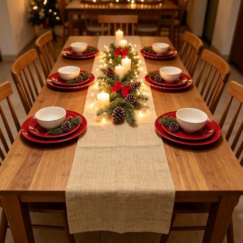 Taupe Faux Linen Table Runner Waterproof Rustic Farmhouse Table Decor