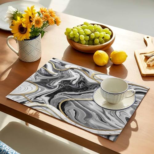 Abstract Gray Gold Marble Texture Placemats Set of 6 Washable Table