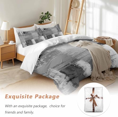 Grey Abstract Bedding Queen Duvet Cover Set, 3 Piece Microfiber Soft