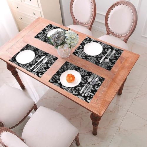 Black and Gray Damask Placemats 6 PCS Heat Resistant Washable Woven
