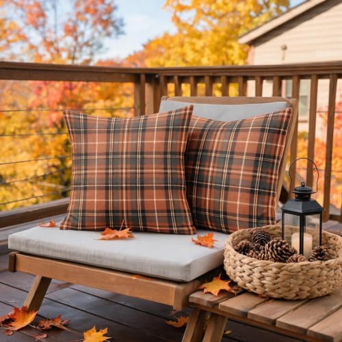 Plaid Fall Throw Pillow Covers 18x18 Set of 2 Burnt Orange Grey Tartan