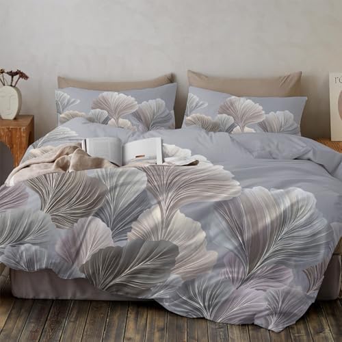 Duvet Cover Set Queen, Abstract Lines of Leaves Minimalist Plant Soft