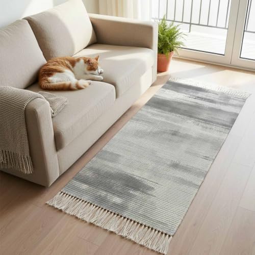 Light Gray Ombre Hallway Runner Rug 2'x5', Modern Abstract Art Oil