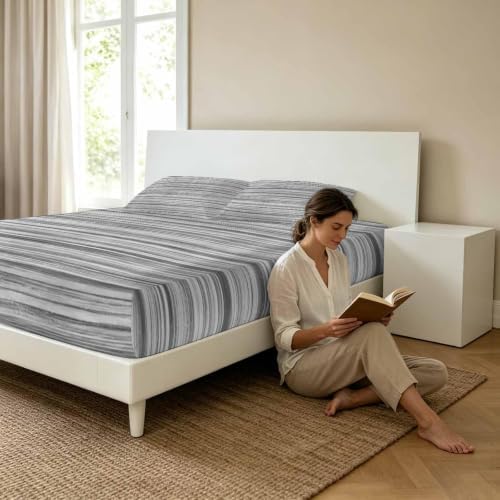 Queen Fitted Sheet Deep Pocket, Abstract Gray Striped Textured Soft