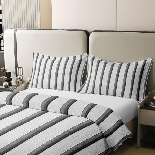 Feelyou White Grey Striped Duvet Cover 100% Cotton King Size