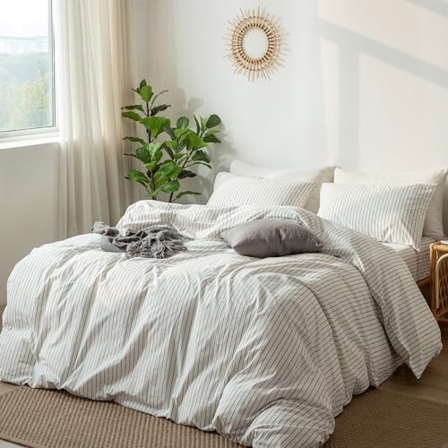 MooMee Striped Duvet Cover Set 100% Washed Cotton Linen Like Twin
