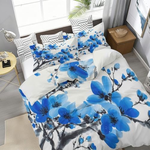 Light Gray Duvet Cover Set King Size, Plant Minimalist Branch Blue