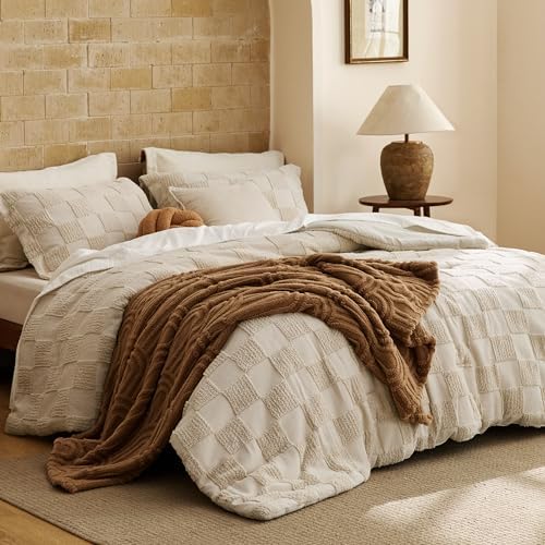 Bedsure King Size Comforter Set Boho, Vintage Plaid Bedding Set Beige
