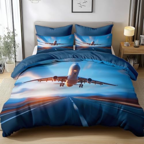 King Duvet Cover Set Soft Microfiber Airplane Sky Sky Blue