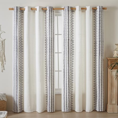 Beige Boho Curtains 84 Inch Length 2 Panels Set Faux Linen Embroidered