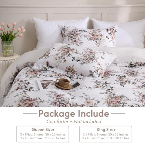 LONAVA Queen Floral 3 Pcs Duvet Cover Set, Breathable Soft Microfiber