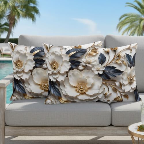 Cream Gold Flowers Lumbar Pillow Covers 12 x 20 Inch Pillow Covers Set